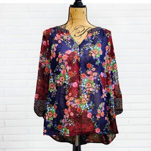Fig & Flower Sheer Floral Boho Button Front Blouse (Like Figueroa & Flower)
